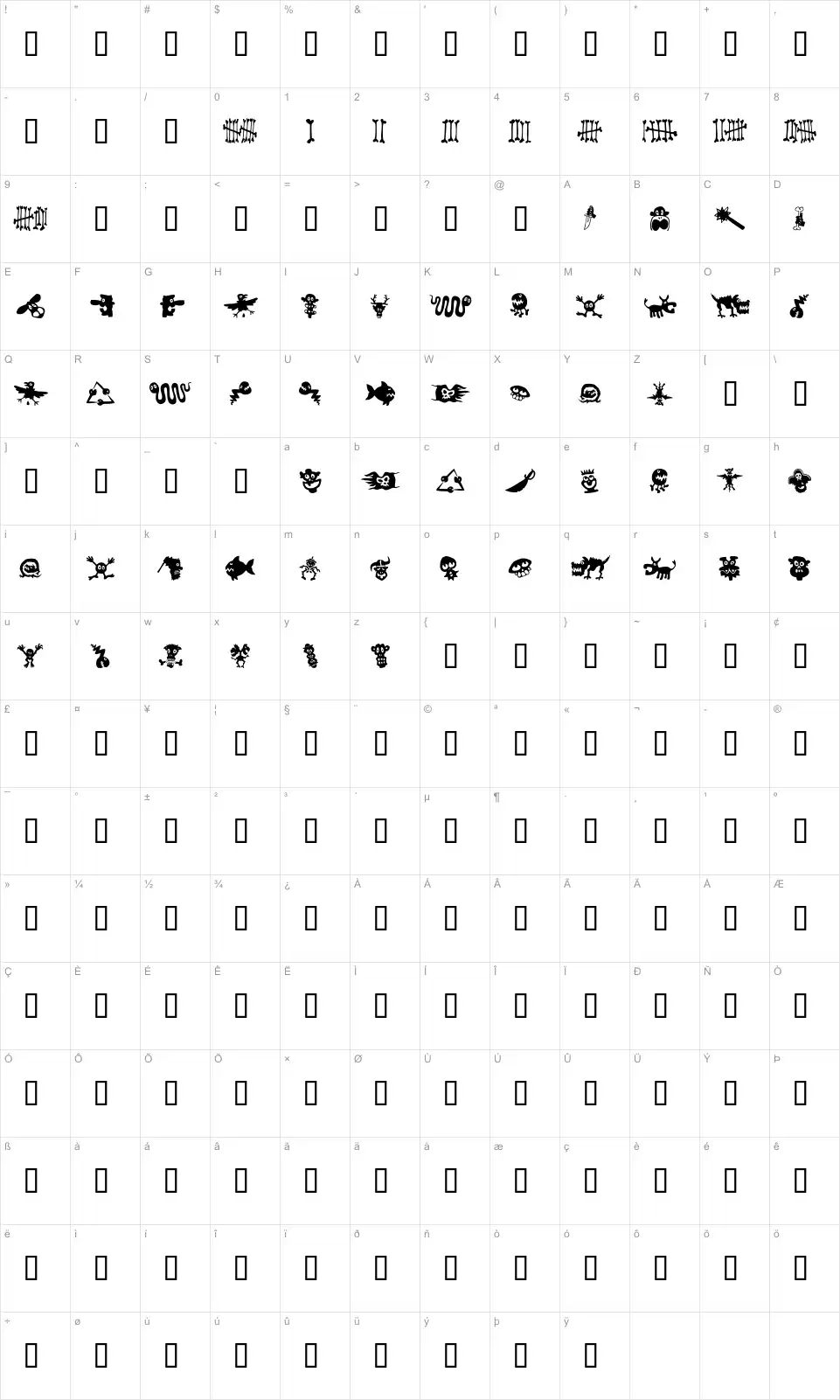 Mapa de caracteres da fonte Sam's Dingbats