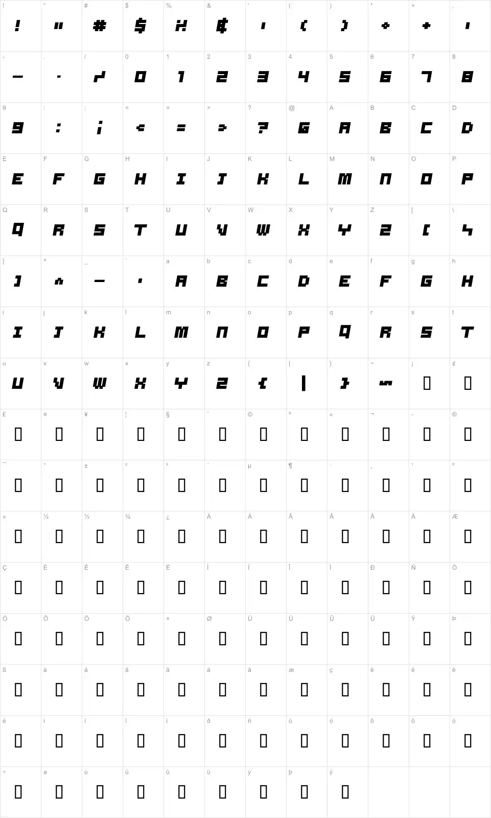 Mapa de caracteres da fonte Samson