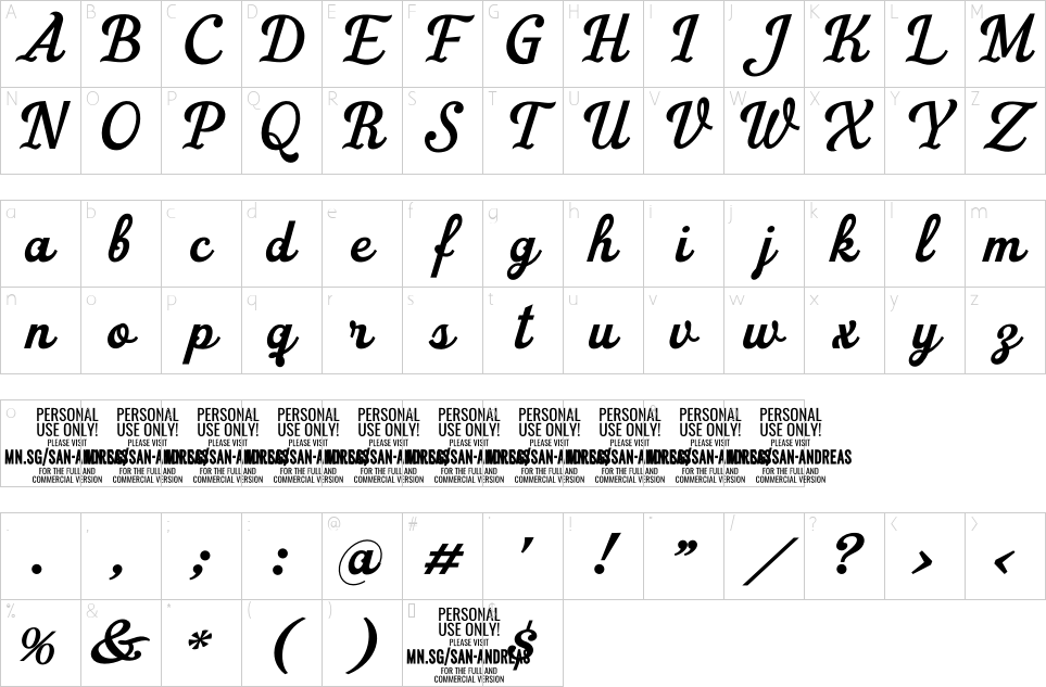 Mapa de caracteres da fonte San Andreas Font | 1001 Free Fonts