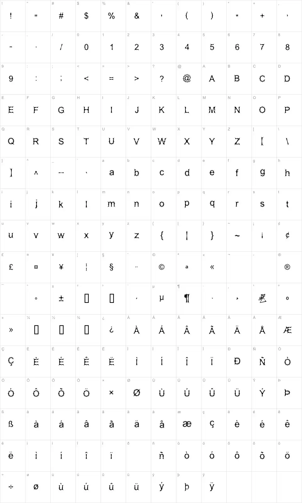 Mapa de caracteres da fonte Satan Possessed