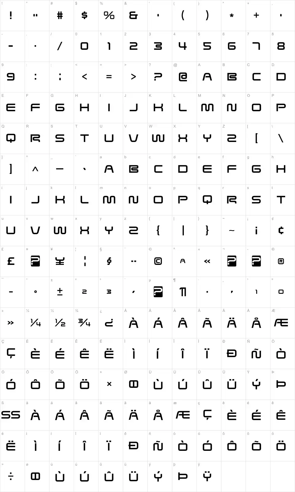 Mapa de caracteres da fonte Saved by Zero