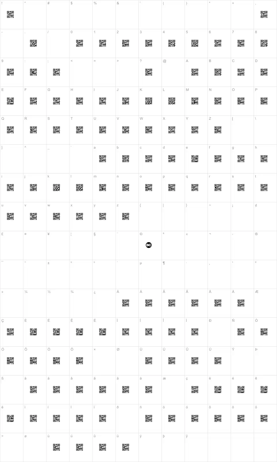 Mapa de caracteres da fonte Scan me