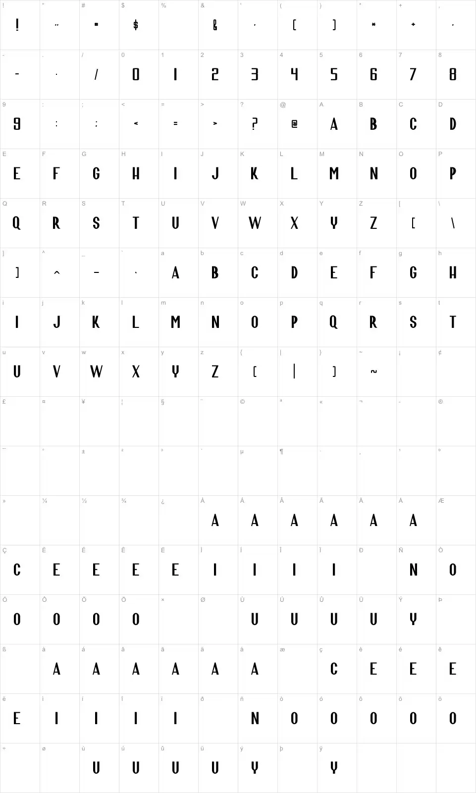 Mapa de caracteres da fonte Scara Conquers the Universe