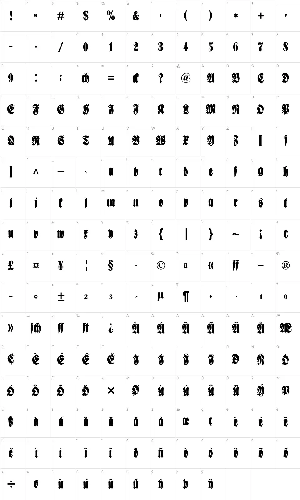 Mapa de caracteres da fonte Schmale Anzeigenschrift