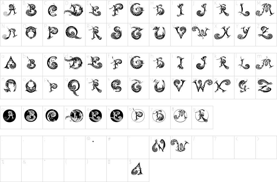 Mapa de caracteres da fonte Schnoerkel Caps Font | 1001 Free Fonts