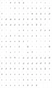 Mapa de caracteres da fonte School Script Dashed