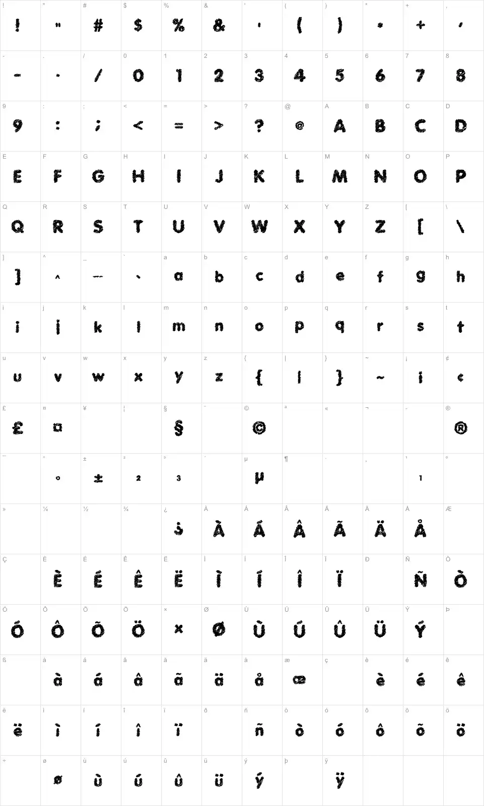 Mapa de caracteres da fonte Scratch Bold