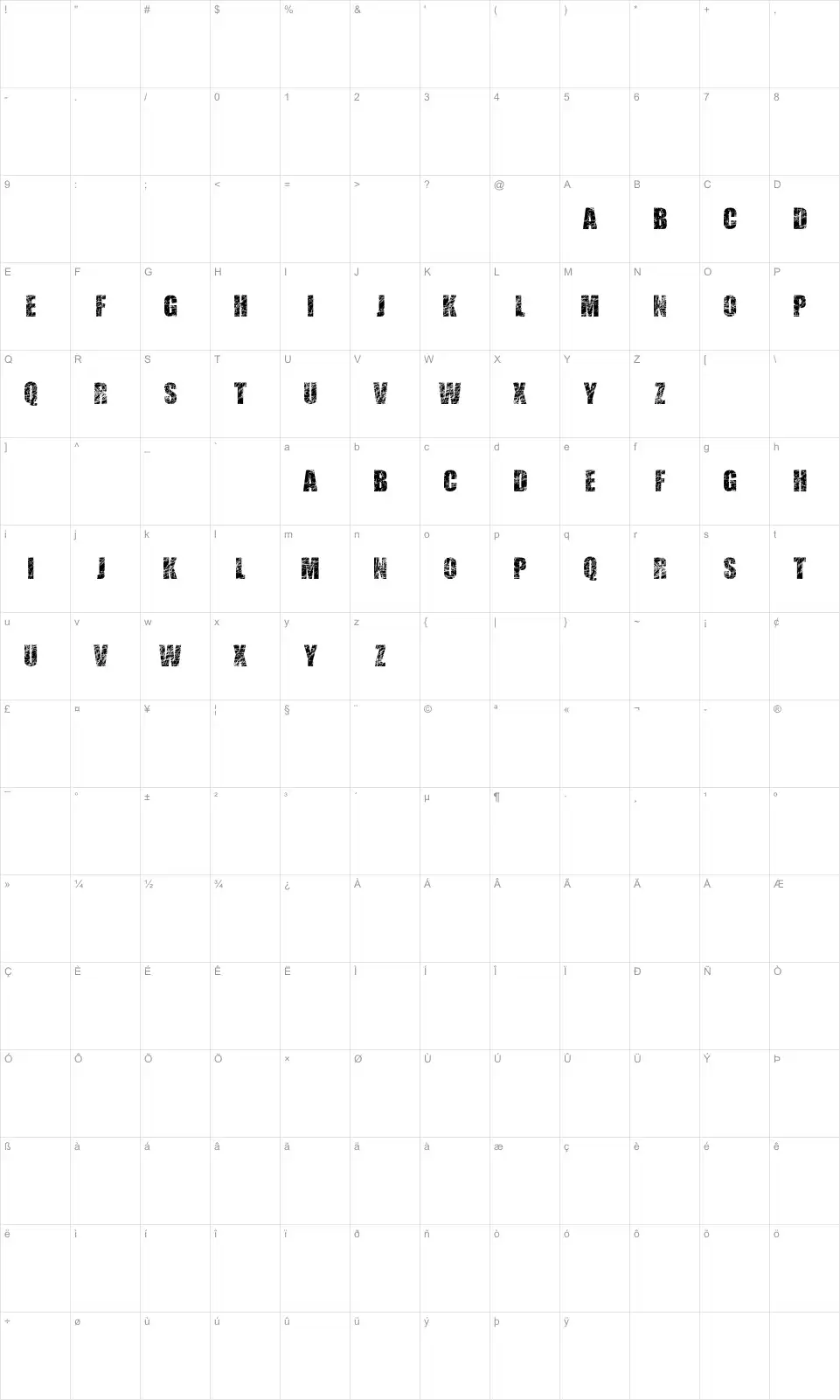 Mapa de caracteres da fonte Scratched Letters
