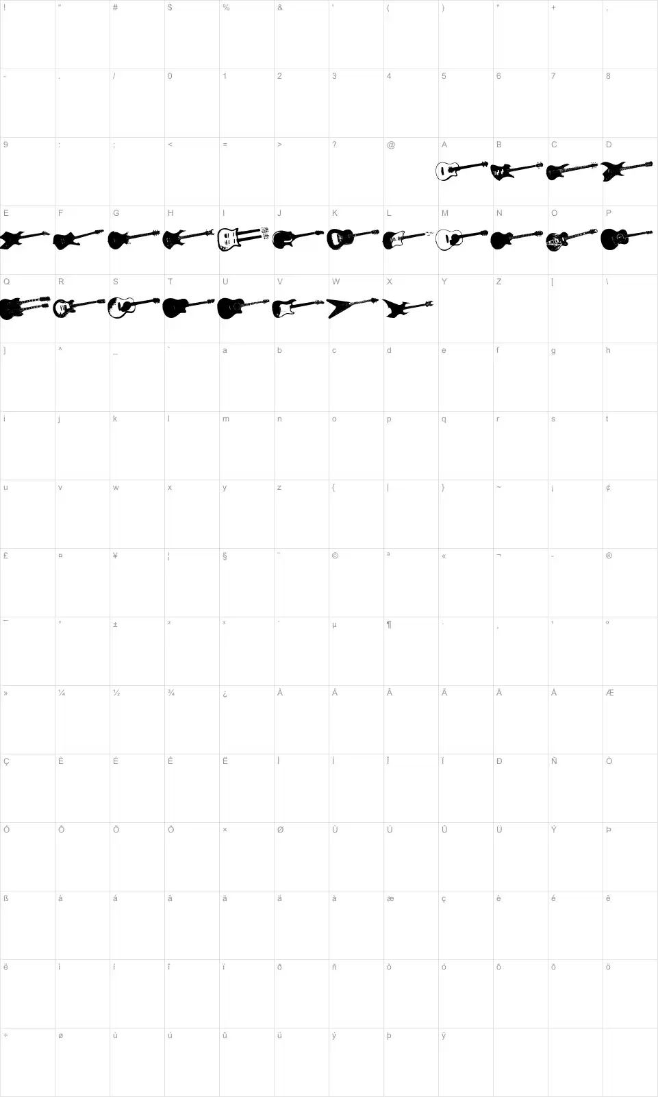 Mapa de caracteres da fonte Screaming Guitar