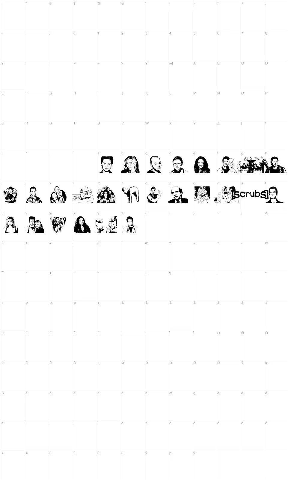 Mapa de caracteres da fonte Scrubbed