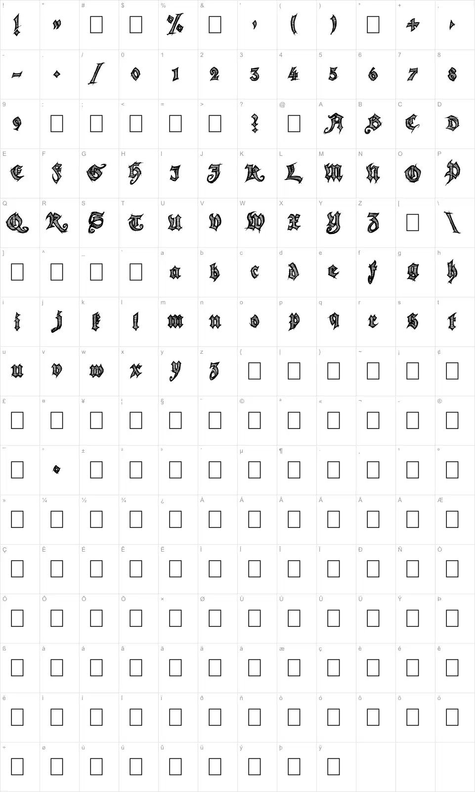 Mapa de caracteres da fonte Season of the Witch