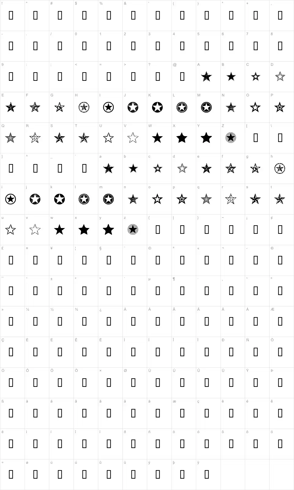 Mapa de caracteres da fonte Seeing Stars