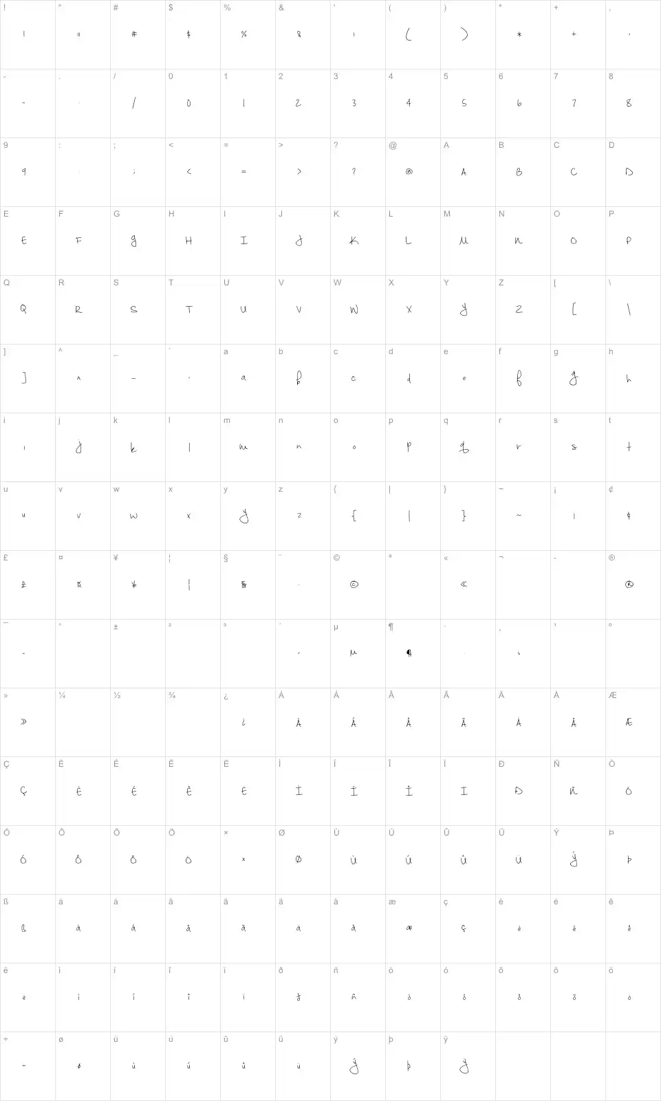 Mapa de caracteres da fonte September Mornings