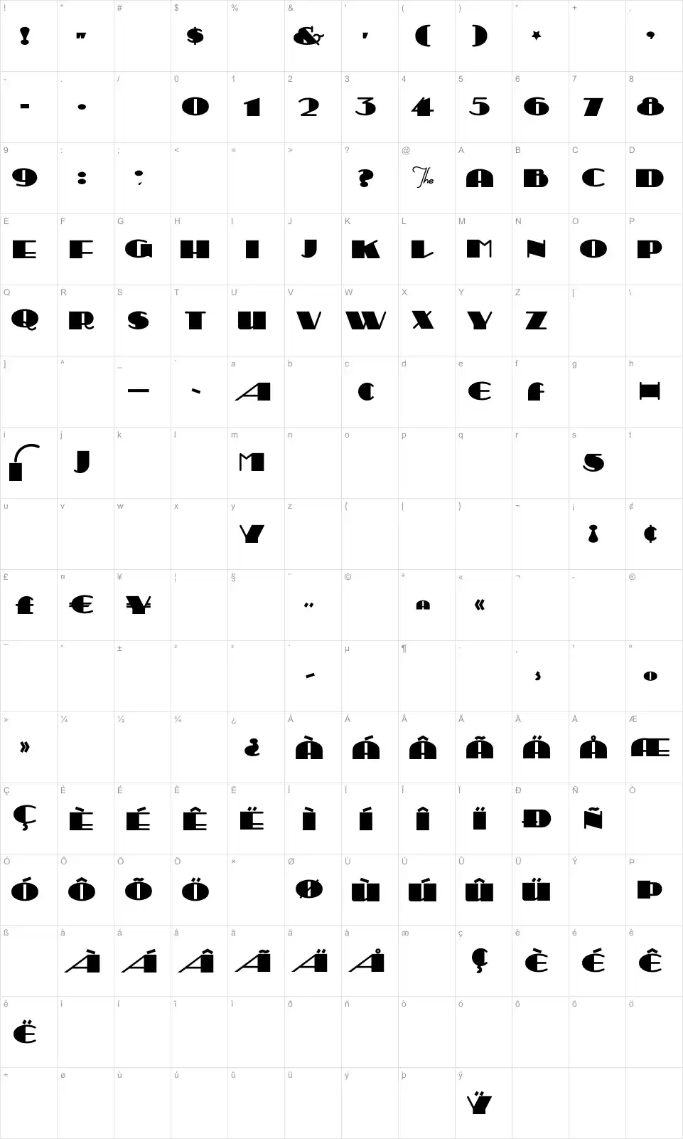 Mapa de caracteres da fonte Sesquipedalian