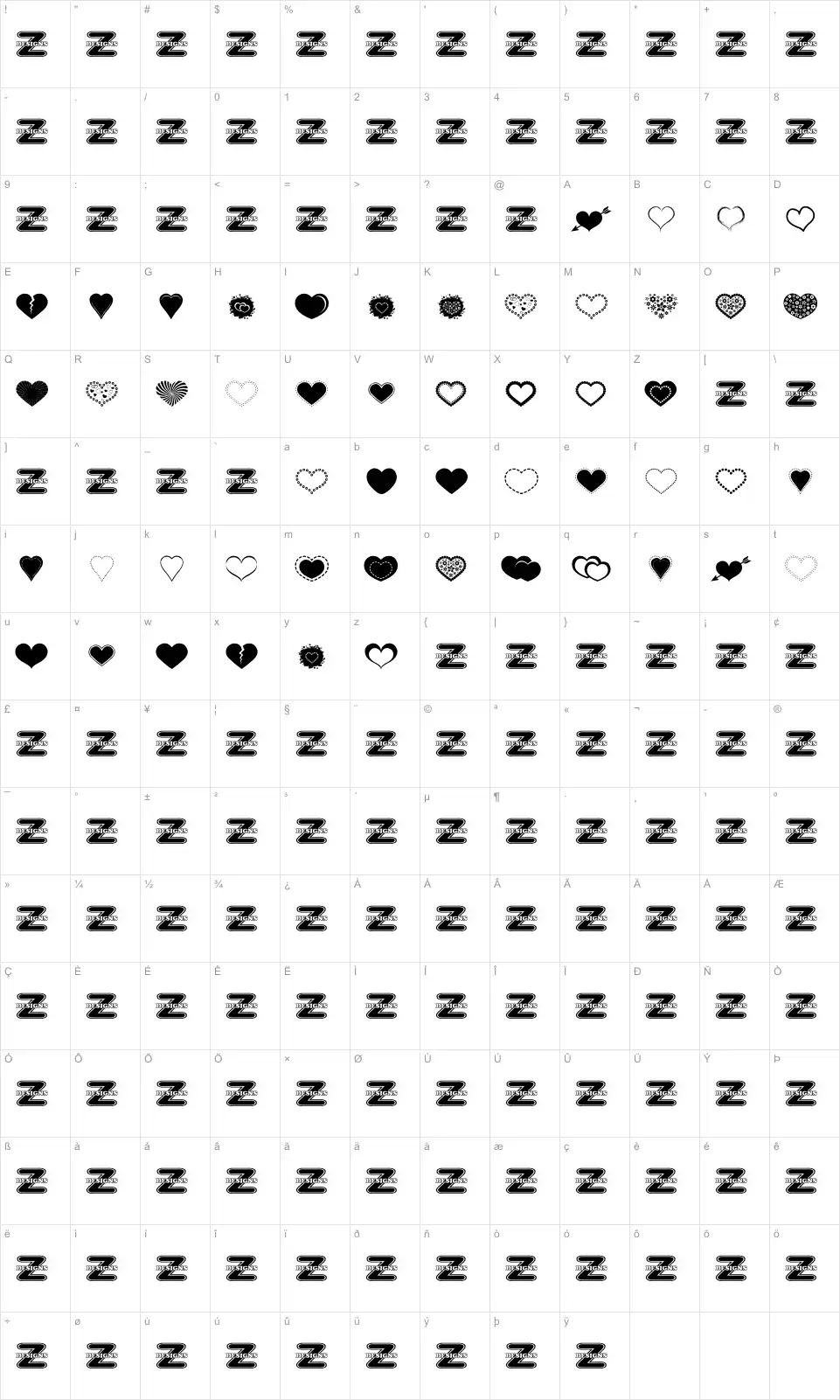 Mapa de caracteres da fonte Sexy Love Hearts 2
