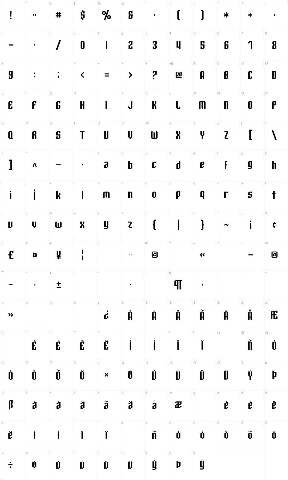 Mapa de caracteres da fonte SF Archery Black