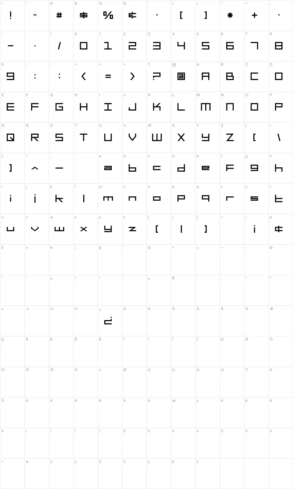 Mapa de caracteres da fonte SF Square Head