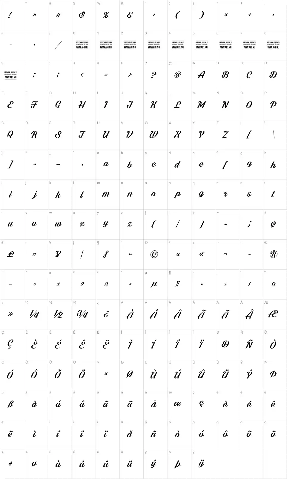 Mapa de caracteres da fonte Shaded Larch