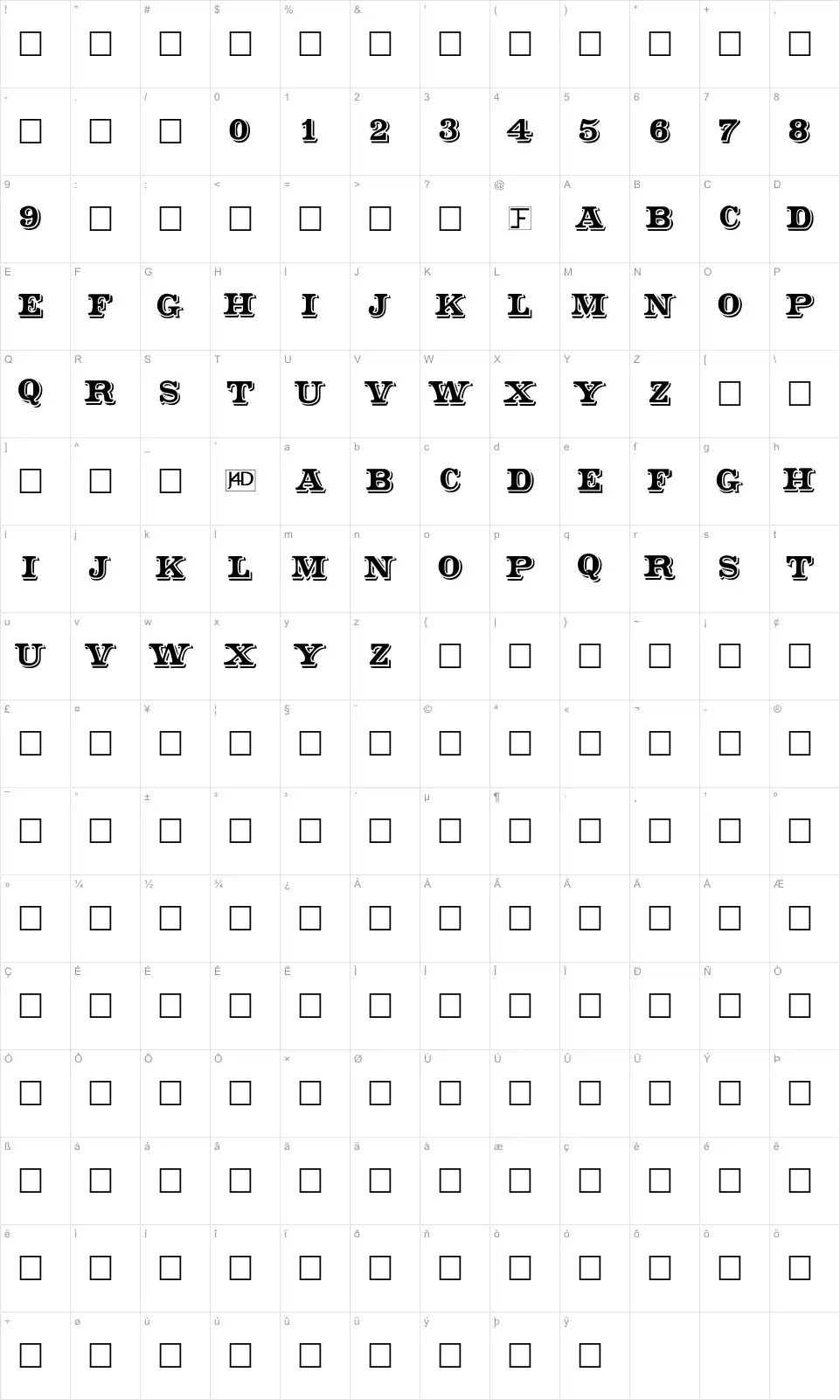 Mapa de caracteres da fonte Shadowed Serif