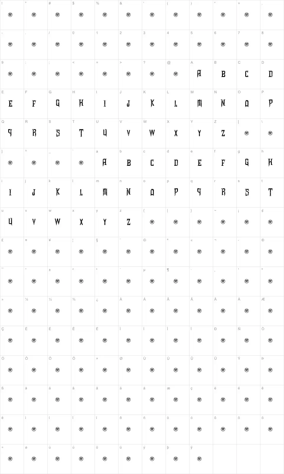 Mapa de caracteres da fonte Shadows of Security