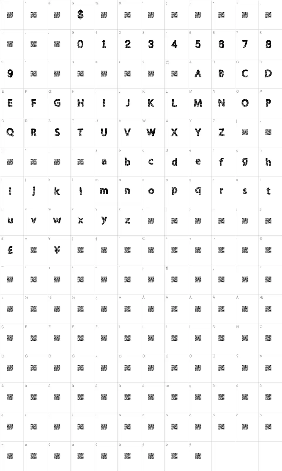 Mapa de caracteres da fonte Shaken