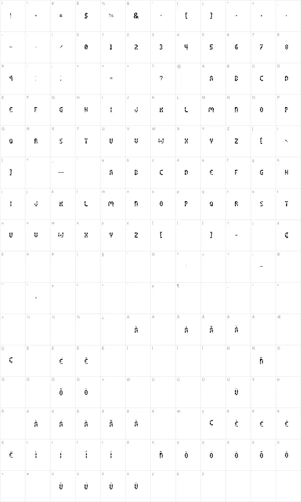 Mapa de caracteres da fonte Shattered Pixels