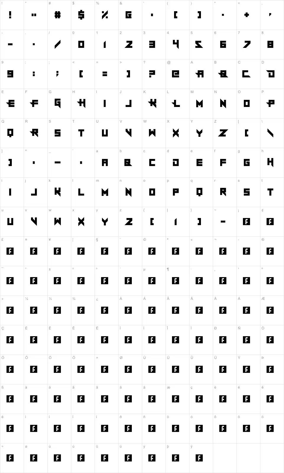 Mapa de caracteres da fonte Sheeping Dogs