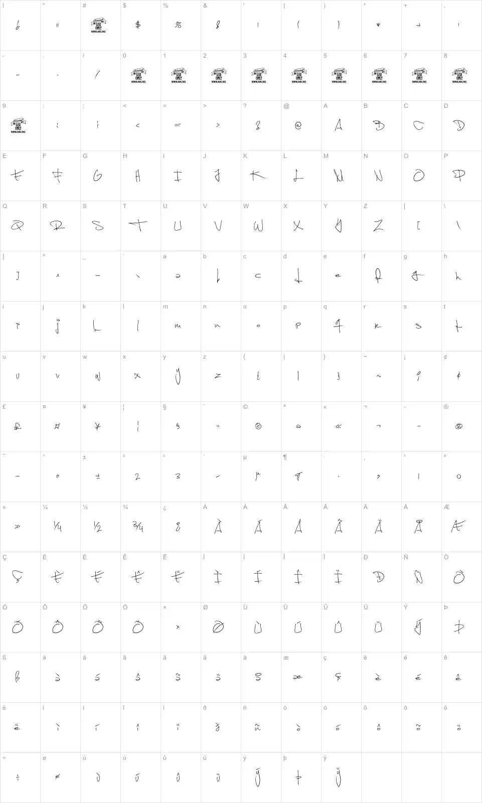 Mapa de caracteres da fonte Shimes One
