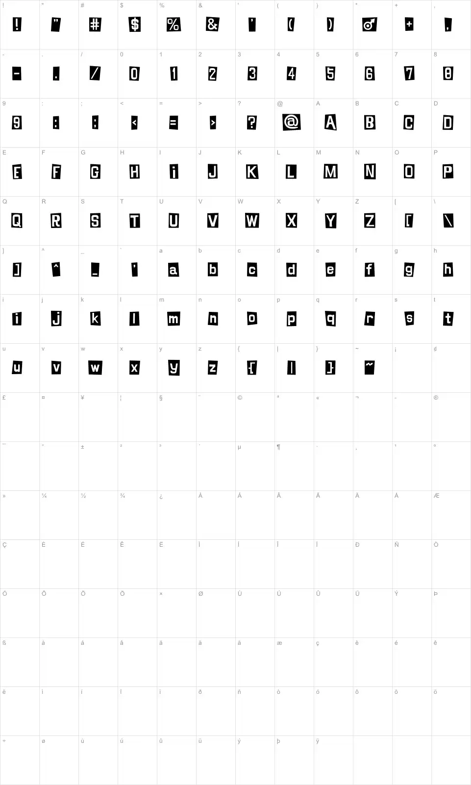 Mapa de caracteres da fonte Shinji Blues