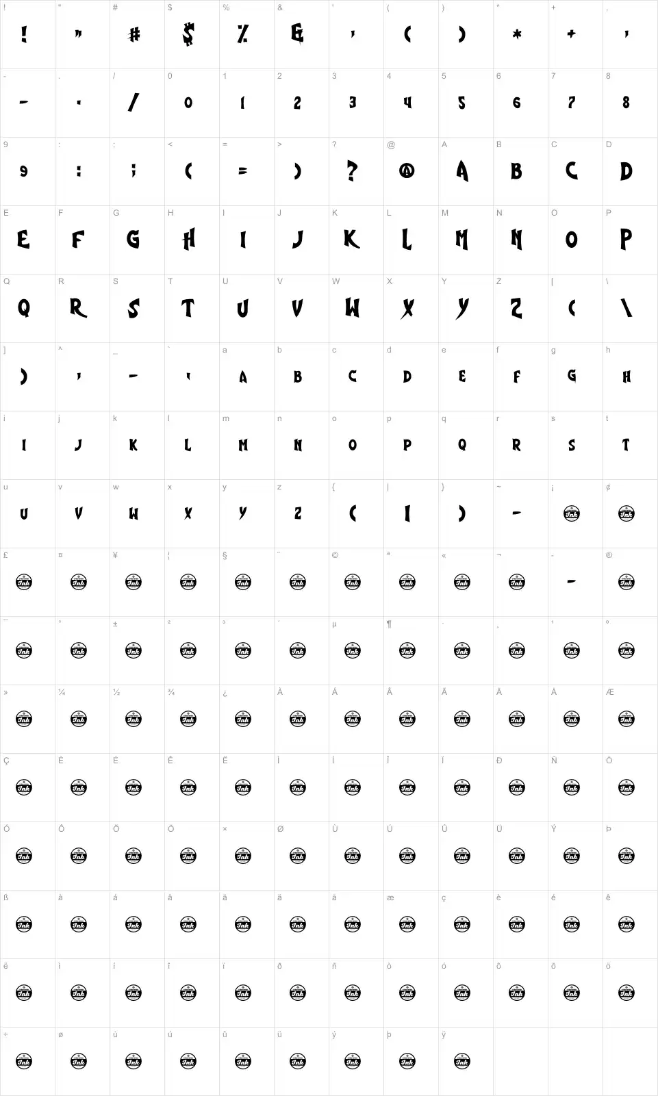 Mapa de caracteres da fonte Shiny Eyes
