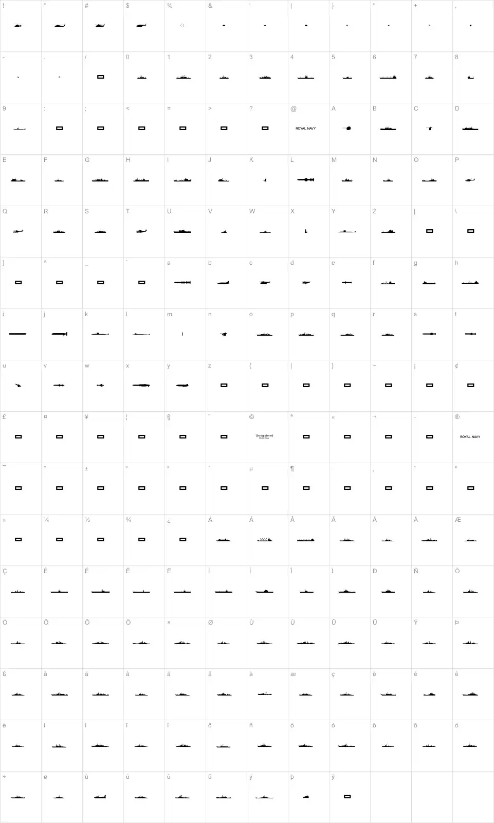 Mapa de caracteres da fonte Ships