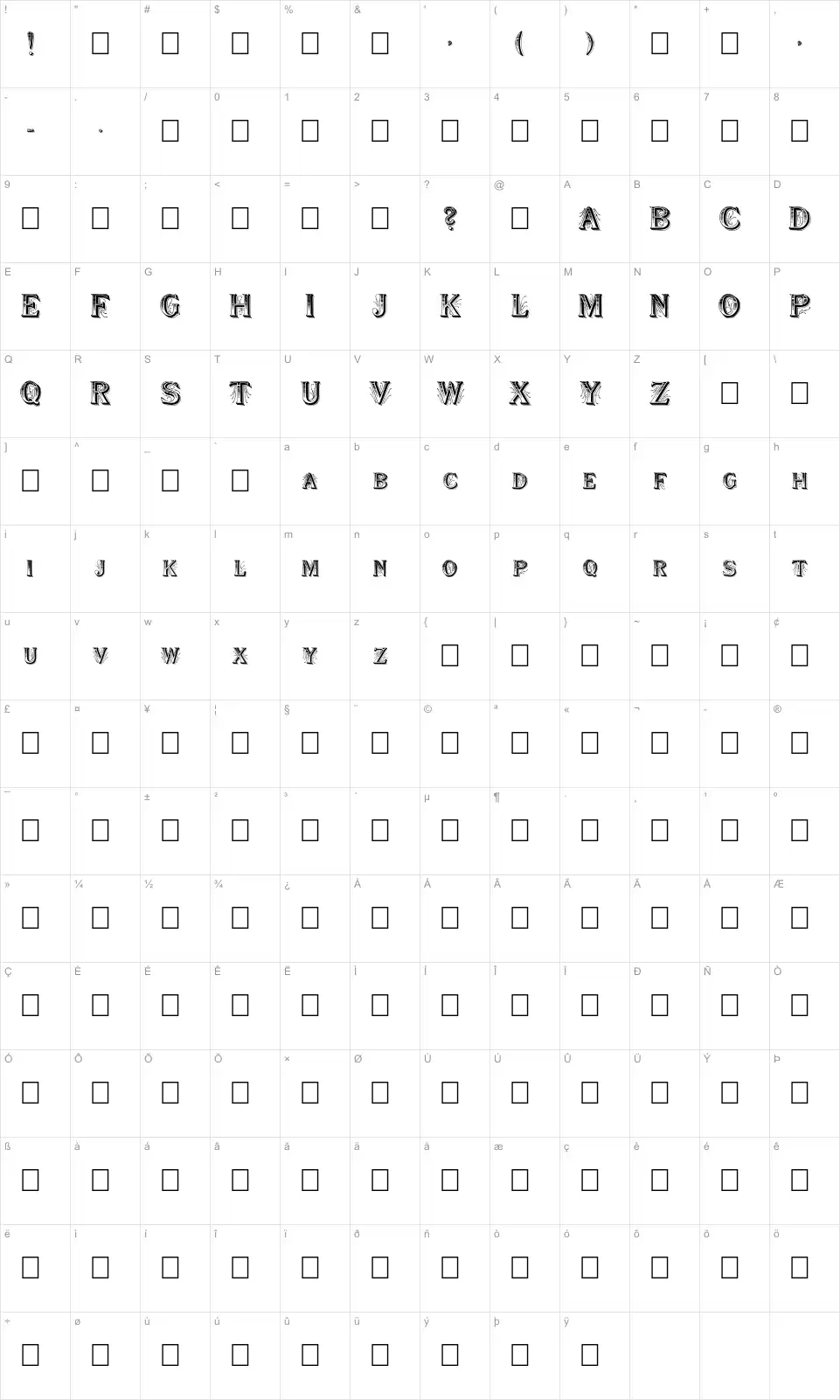 Mapa de caracteres da fonte Show Boat