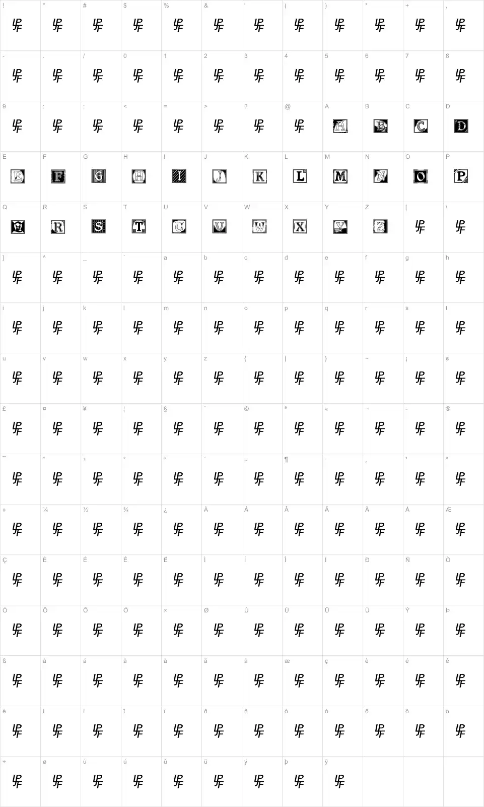 Mapa de caracteres da fonte Shrewsbury Initials