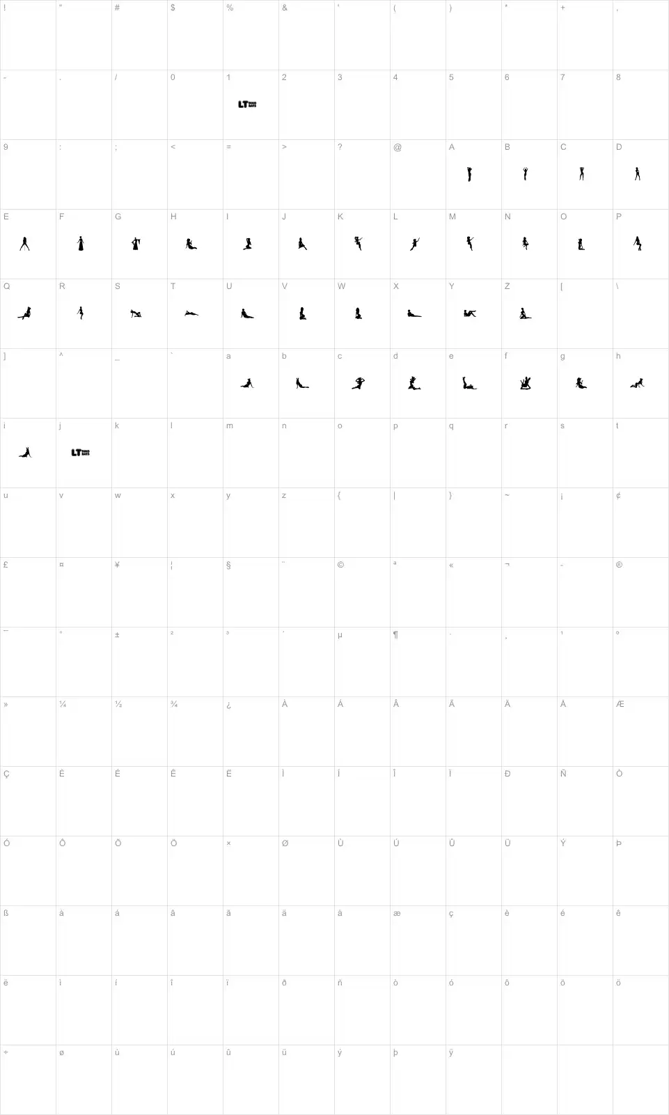 Mapa de caracteres da fonte Silhouettes from Poser LT