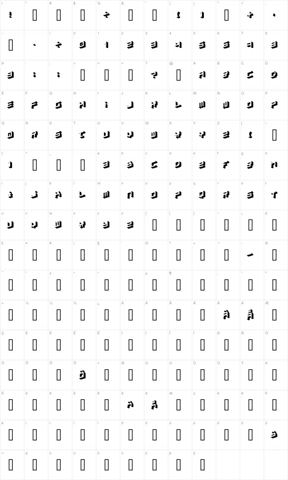 Mapa de caracteres da fonte Simpletype