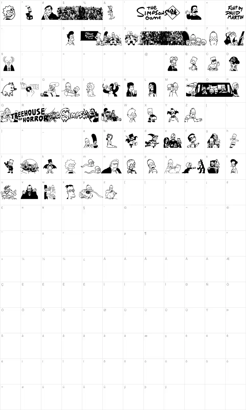 Mapa de caracteres da fonte Simpsons Treehouse of Horror