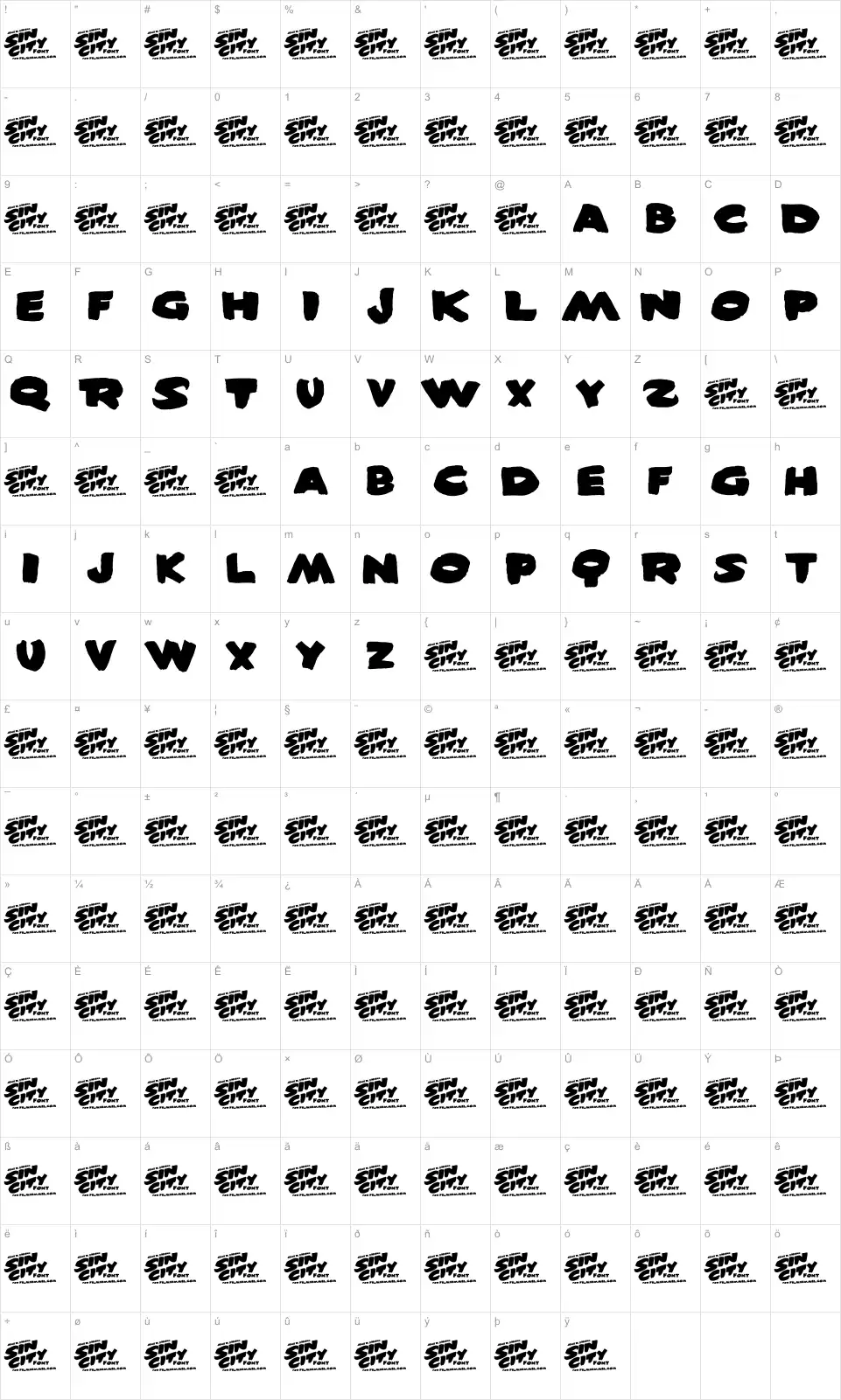 Mapa de caracteres da fonte Sin City