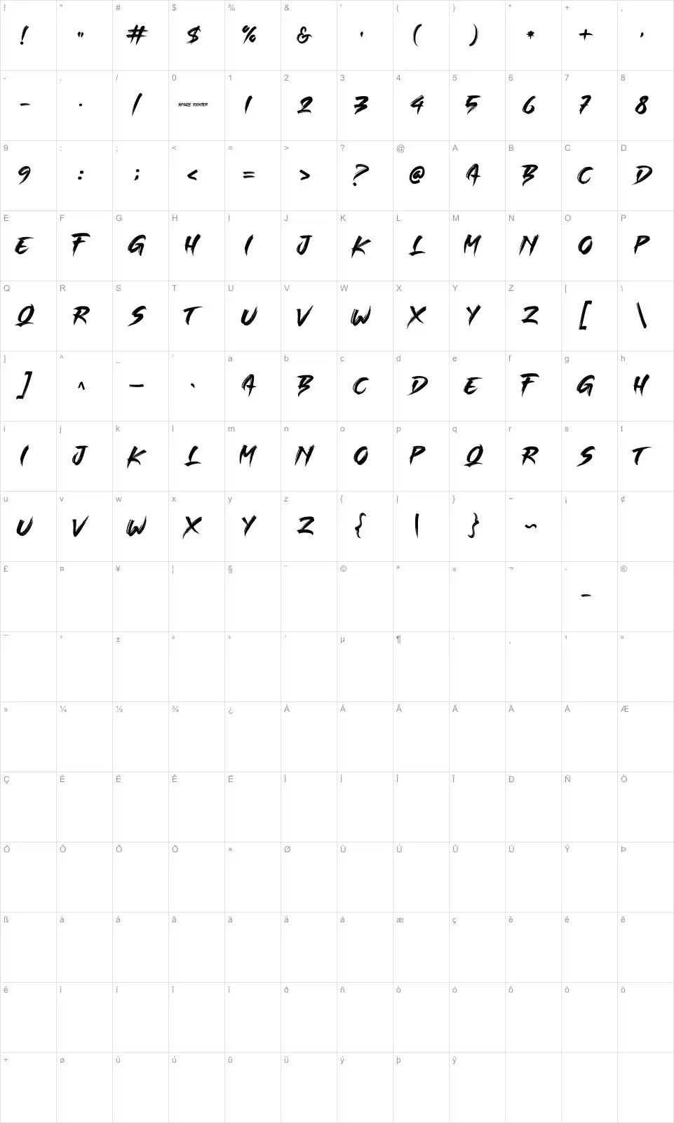 Mapa de caracteres da fonte Single Fighter