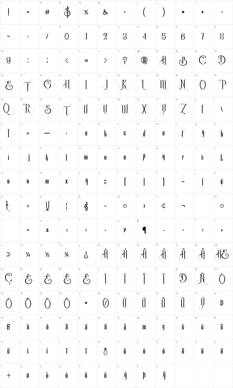 Mapa de caracteres da fonte Single Ghost