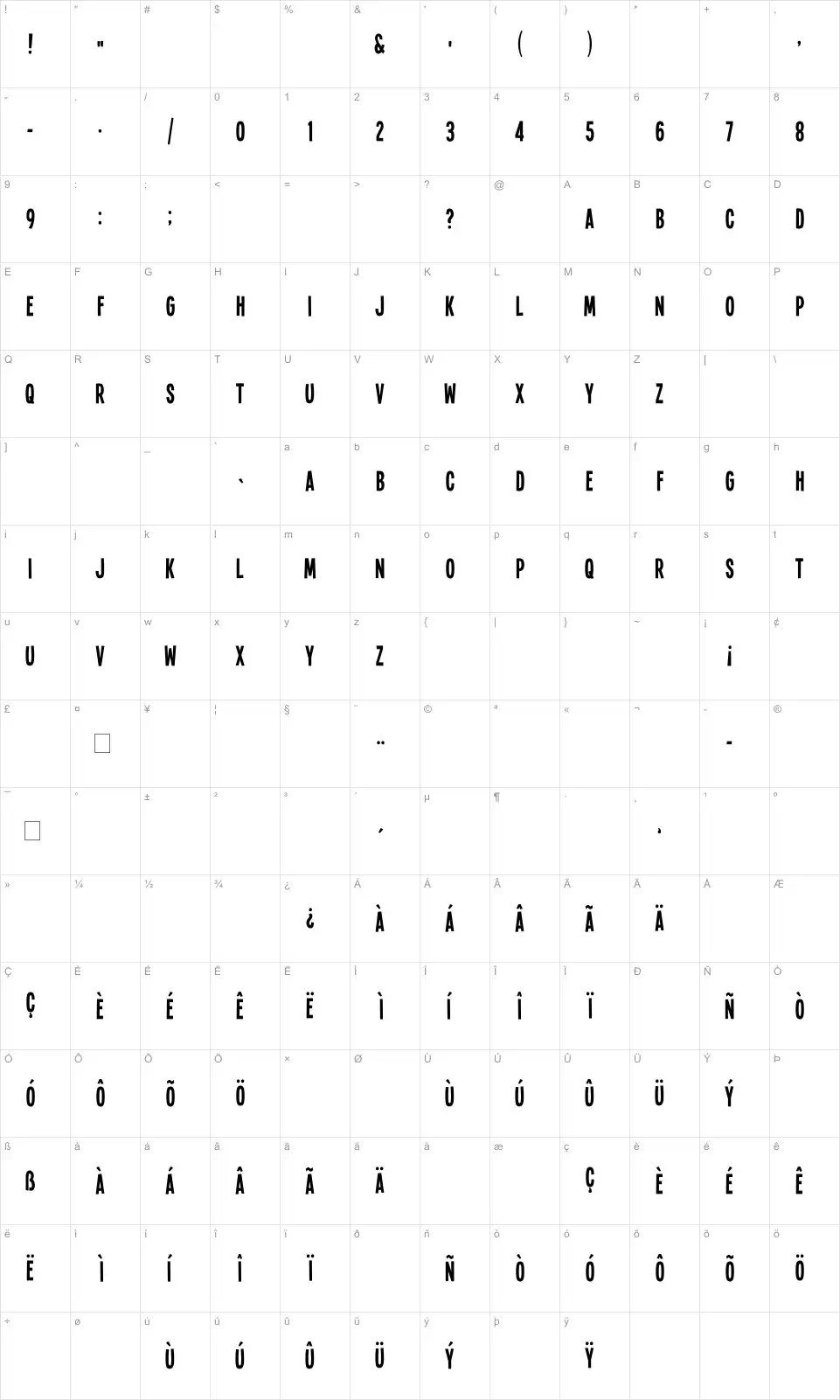 Mapa de caracteres da fonte Single Sleeve