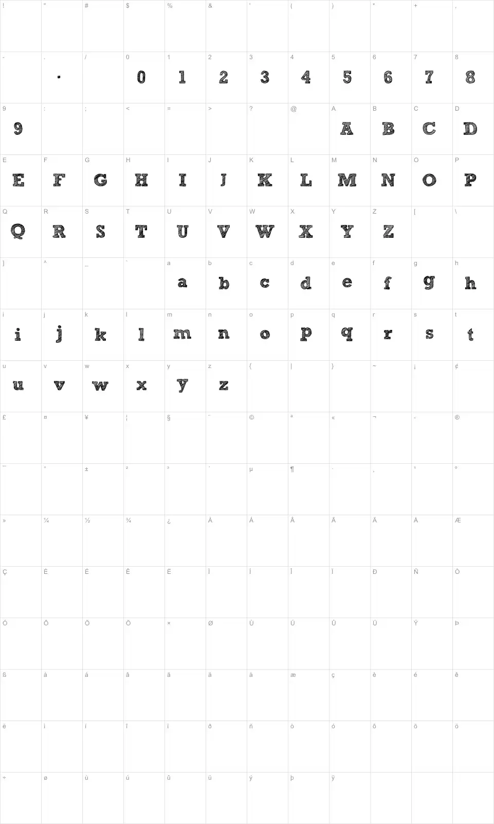Mapa de caracteres da fonte Sketch Block