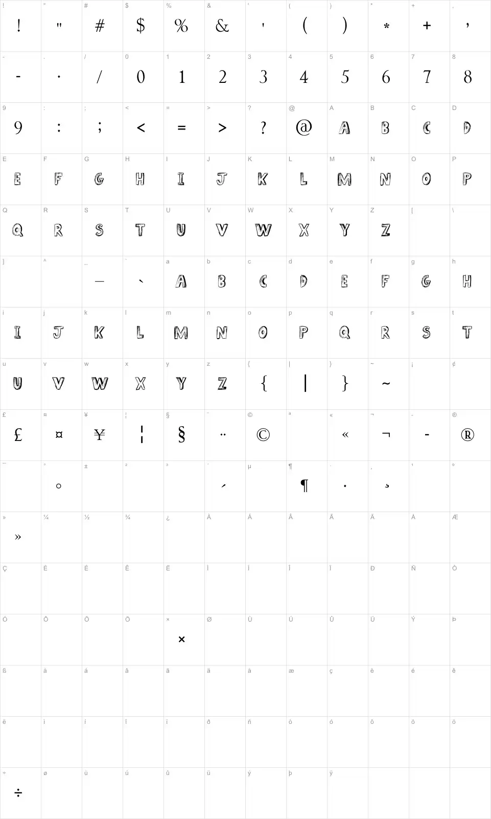 Mapa de caracteres da fonte Sketch Book
