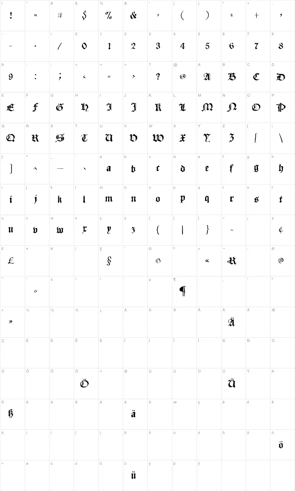 Mapa de caracteres da fonte Sketched Cassius Broken