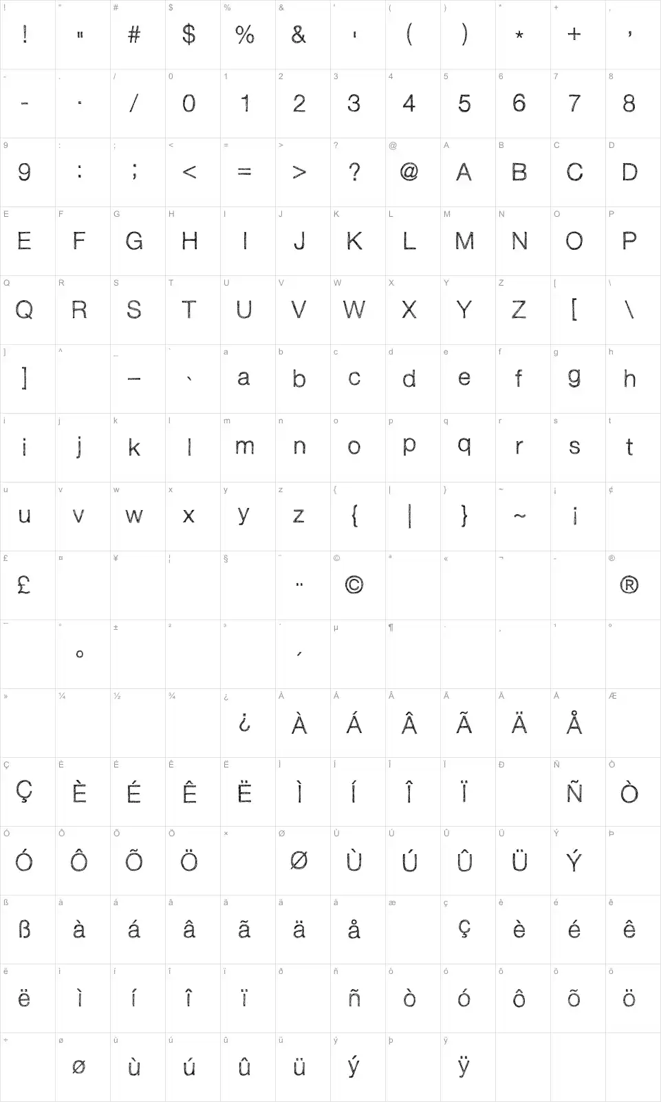 Mapa de caracteres da fonte Sketchetik Light