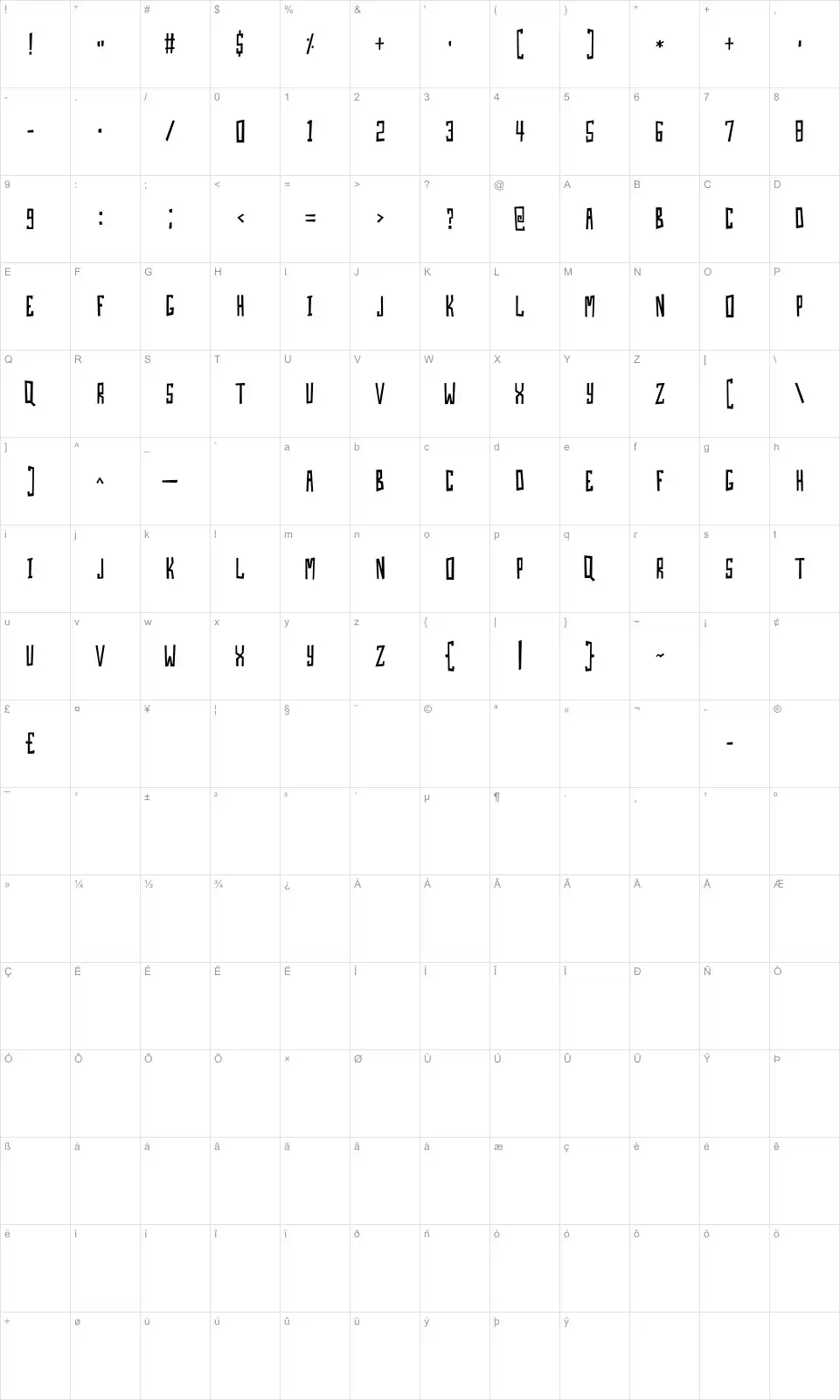 Mapa de caracteres da fonte Skin & Bones