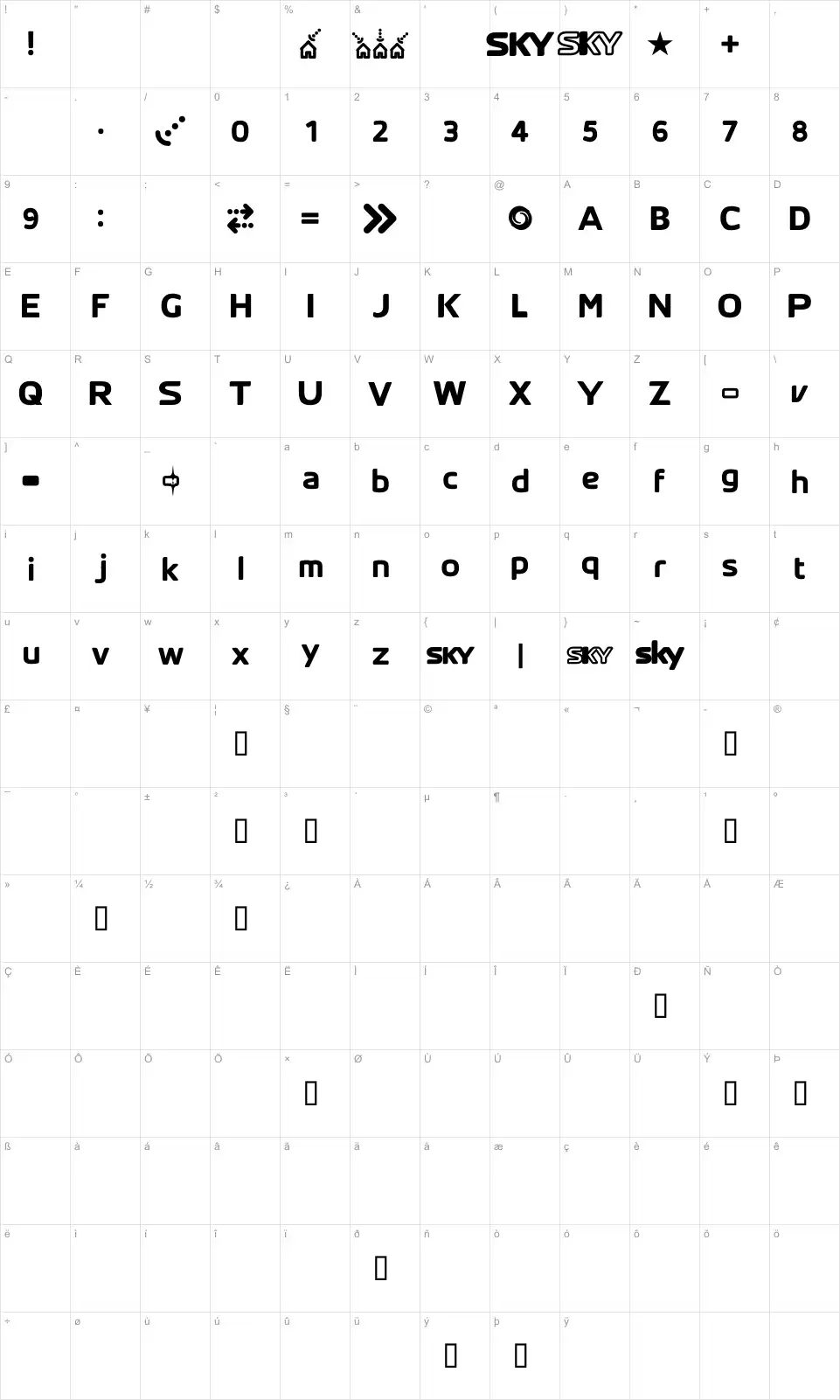 Mapa de caracteres da fonte SKYfontThick