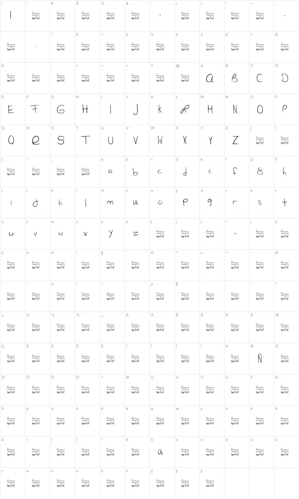 Mapa de caracteres da fonte SL Runaway Girl