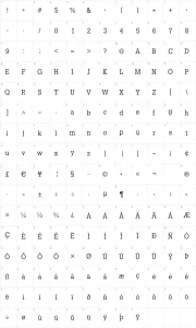 Mapa de caracteres da fonte Slab Tall X