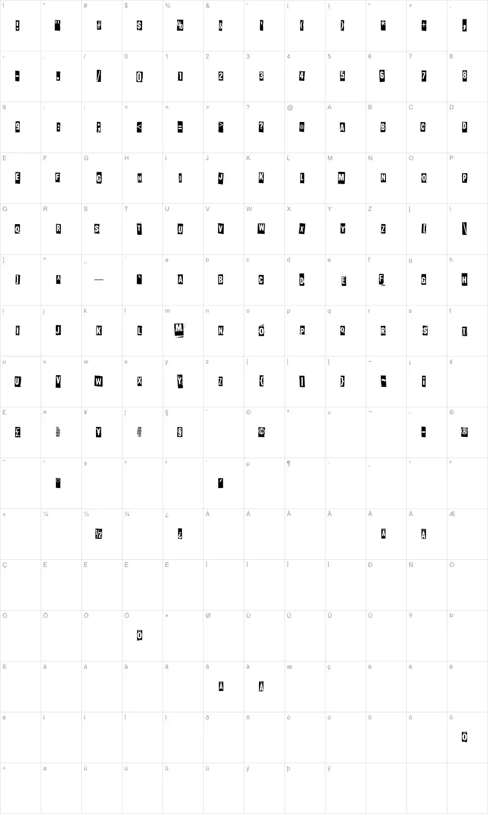 Mapa de caracteres da fonte Slave only dreams to be king