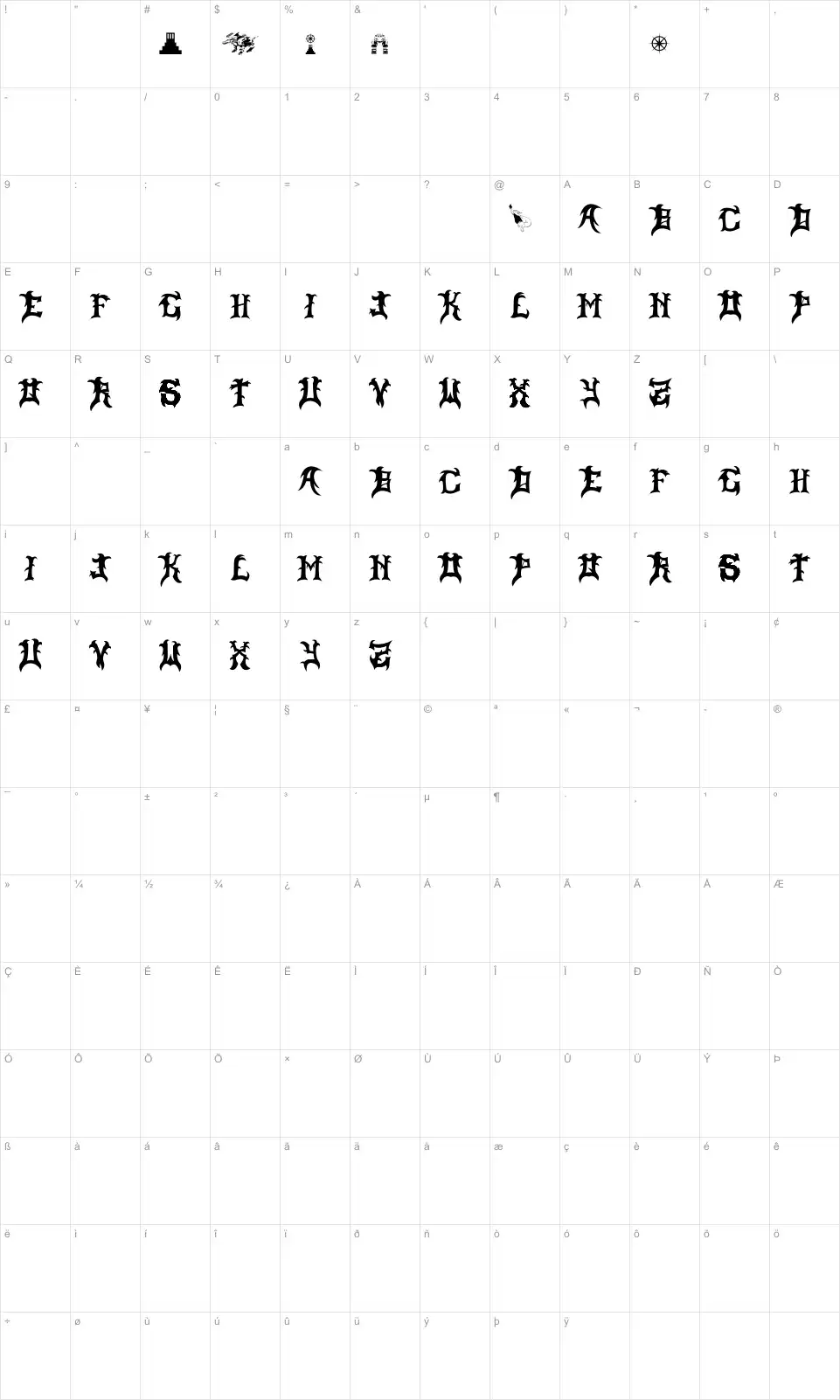 Mapa de caracteres da fonte Slayer Dragon